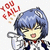 Pixelated anime-style character with blue hair and red lips holds a white cup, red text above reads "YOU FAIL" in three