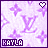 Pixelated icon with repeating purple monogram pattern, white text 'KAYLA' at bottom left, and a small heart symbol in top right corner.