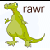 Pixelated green dinosaur with yellow eye stands beside brown text reading 'rawt' on white background.