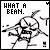 Pixelated black-and-white image with text "WHAT A BEAM." above a chaotic abstract shape resembling splattered or fragmented lines.