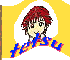 Pixelated character with red hair in white oval frame, blue text 'tetsu' below on yellow background, gray wave shape behind.