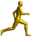 Golden humanoid figure in running motion , displayed on gray background