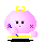 A 4-frame pixel art animation of a pink, round cartoon character with yellow accents and blue/pink facial details on a gray background.