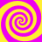Four identical spiral patterns arranged in a on a yellow background, each with alternating pink and yellow stripes forming clockwise spirals