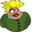 Pixelated cartoon character with spiky yellow hair, green buttoned jacket, and cyan collar in various facial expressions including wide eyes, open mouth, and extended red tongue.