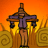 Animated scarecrow in purple jacket and brown pants stands before hay bales against orange sky with yellow flames, bats fly near its head.