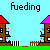 Pixelated house with brown walls, red and purple roof, white windows, and gray door, set against light blue background with green grass and fences.