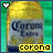 Pixelated image of a Corona bottle with heart symbol above it, yellow text at bottom reading 'corono' on green background.
