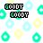 Pixelated pattern of repeating 'GOODY' text blocks and floral shapes in cyan, yellow, and green on white background with scattered 'GUM' and 'DROPS' text.