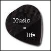 Black guitar pick-shaped icon with white text reading "Music = life" on a white background.