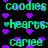 Pixelated green text and purple hearts on black background, with repeated words 'coodies', 'hearts:', and 'carlee' in a