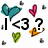 Animated icon with black text 'I <3 ?' surrounded by colorful pixelated hearts and small floating shapes.