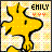 Pixelated yellow bird with black outline and white accents on a checkered background, next to text reading 'EMILY' and orange heart symbols.