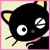 Pixelated black cat face with large white eyes, yellow inner ears, and a pink collar on a light beige background.