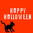 Pixelated orange background with white 'HAPPY HALLOWEEN' text and black cat silhouettes in various positions.