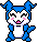 Pixel art contact sheet showing two frames of a blue and white cartoon character with pink cheeks, black outlines, and red eyes in the second frame.