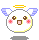 Pixelated angel icon with white round head, blue wings, yellow halo, pink cheeks, brown eyes, and open mouth showing tongue; two versions show heart above right wing.