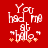 Red background with white pixelated text reading "You had me at hello." and four orange star-like shapes below the text.