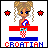 Pixel art contact sheet showing two frames of an animated buddy icon featuring a cartoon woman with blonde pigtails standing on red and blue blocks beneath the text CROATIAN, with star symbols changing color between frames.