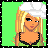 Pixel art contact sheet showing three frames of an animated buddy icon with a blonde character in various poses and text overlays on green backgrounds.