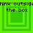 Green pixelated icon with four square layers and text reading 'think outside the box' in black pixels.