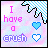 A 3x3 contact sheet of animated frames showing a pixel art icon with pink text "I have a crush" over a pastel background, featuring blue and white hearts that change position across frames.