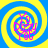 Four identical circular icons with blue and yellow spiral backgrounds, each containing pink pixelated text in the center.
