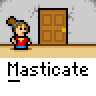 Animated contact sheet showing a pixel art character interacting with doors and bed in a room, with text bubbles appearing during the sequence.