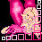 Pixelated cartoon character with pink wings and dress, blonde hair, holding a small object against black background with white/pink squares.