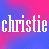 Pixelated text 'christie' in white on left side of gradient background, transitioning to green with white outline on right side.