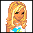 Pixel art icon of a blonde woman with long wavy hair wearing a white top with blue and yellow design, static single-frame image on white background.