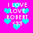 Pixelated pink background with repeated cyan hearts and white text reading 'I LOVE LOVE ROBERT <33' in four identical sections.