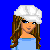Pixel art contact sheet showing a female character in blue and white clothing with multiple views including full-body, back, legs, and close-up headshot against solid blue background.