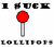 A static pixel art image of a red lollipop with a gray stick, surrounded by black and white pixelated text fragments on a white background.