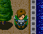 Pixelated character in green and silver armor stands beside a tree, with blue water-like background shifting left to right.