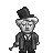 Pixelated grayscale icon of a figure in formal attire holding a cane, wearing a top hat and bow tie with visible facial features.