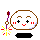 Pixelated character with brown eyebrows, black cross eyes, red cheeks, and a red smile holding a purple staff with yellow and red sparkles.