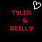 Pixelated red text 'TYLER & REILLY' on black background with white heart outline above, two identical static frames side-by-side.