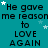 Teal background with repeated text 'He gave me reason to LOVE AGAIN' in dark blue, scattered white and light blue stars.