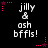 Pixelated text 'jilly & ash bffls!' in white with pink star accents on black background, repeated