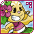 Pixelated cartoon character with blonde hair, pink flower in hair, purple dress, green background; text changes from 'MUST...' to 'KEEP...' to 'SMILING...' across frames.