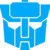 Blue pixelated icon with white lines forming a stylized face-like shape, featuring two eye-like sections and a central vertical element against a white background.