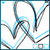 Pixelated abstract composition of interwoven blue and gray lines on white background with dark teal border.