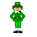 Pixel art character in green outfit with white collar and black shoes, shown from multiple angles including front, side, back, and various poses.