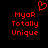 Red pixelated text 'Myar Totally Unique' appears twice on a black background with a red heart symbol above the left text block.