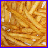 A 48x48 pixel buddy icon split into two sections: a left-side image of golden-brown French fries with white highlights and a right-side yellow background with red text reading "Sucker for Fries" in a stylized font.