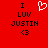 Red background with black text reading "I LUV JUSTIN <3" and a white pixelated heart symbol above the left side of the text.
