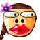 A cartoon character with brown hair, a purple flower, and red lips appears in showing hand gestures near the mouth