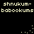 Pixelated text repeats 'shnukum- babookums' on black background with scattered white dots in two