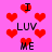Pixelated pink background with red heart shapes and black text reading "I LUV ME I" arranged in a repeating pattern.